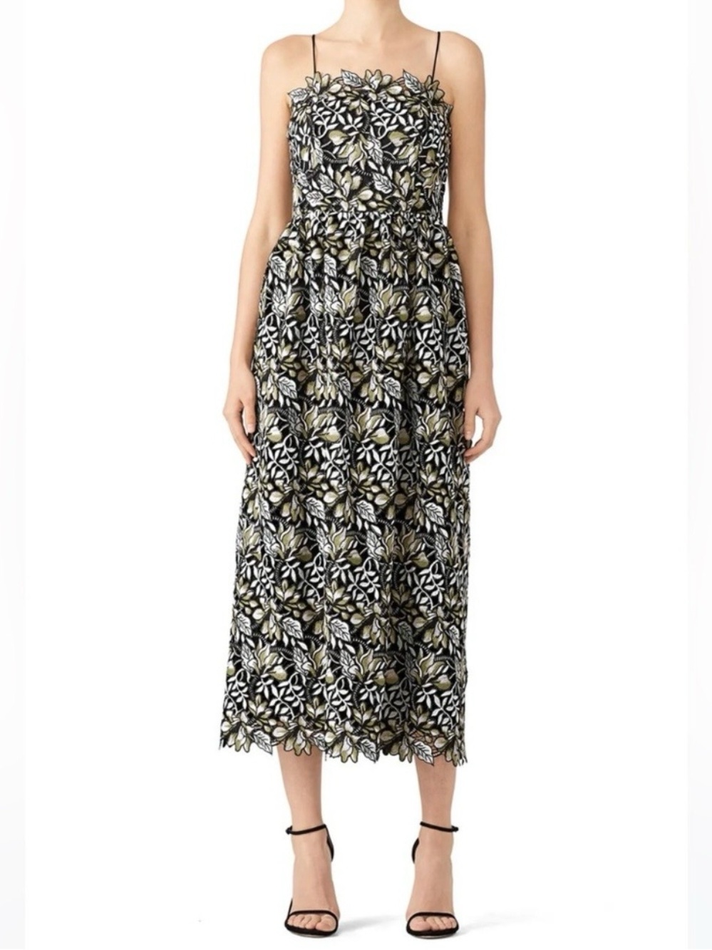 Monique Lhuillier black and white floral midi dress with lace trim, size 12